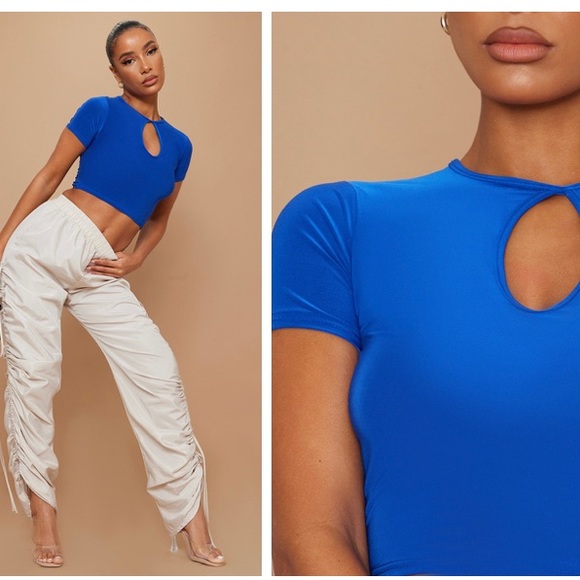 PrettyLittleThing Tops - PRETTYLITTLETHING slinky blue keyhole short sleeve crop top baby tee